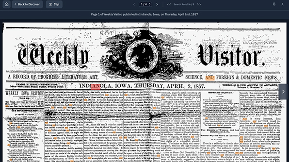 Front page of the Weekly Visitor newspaper from Indianola, Iowa, dated April 2, 1857