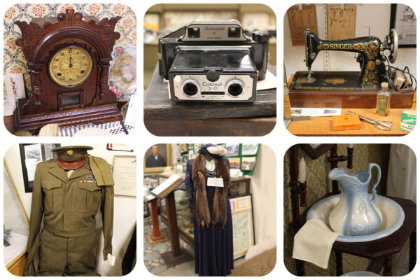 Collage of vintage items: an ornate clock, 3-D camera, Singer sewing machine, military uniform, dress, and washbasin