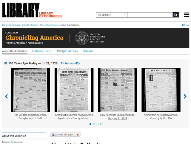 Library of Congress Chronicling America website showing four newspaper front pages from July 21, 1926