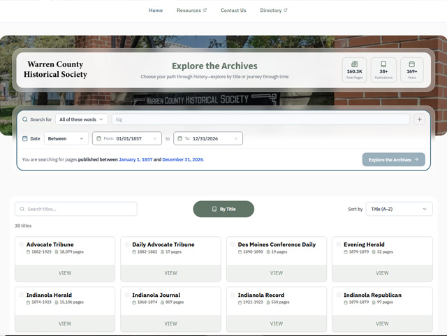 Warren County Historical Society archives search page with search filters and a grid of historical newspaper titles